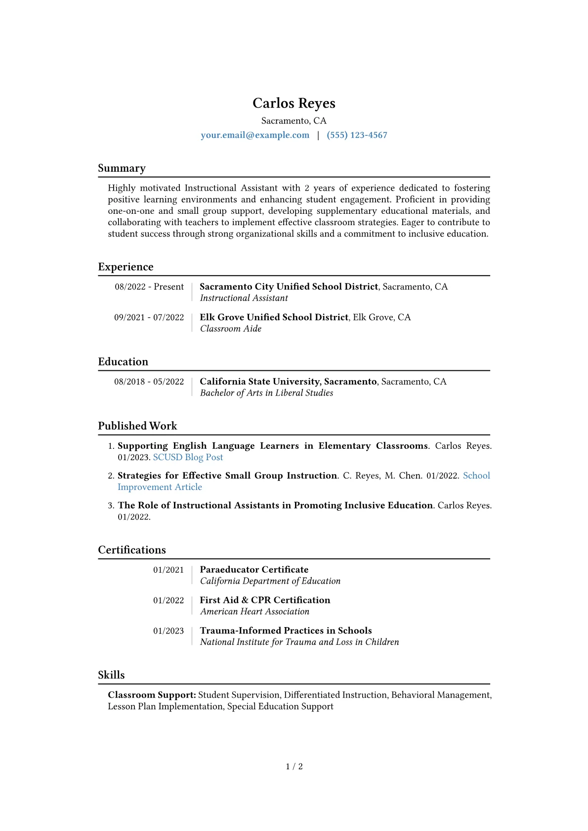 Instructional Assistant Resume Example CV template - Page 1
