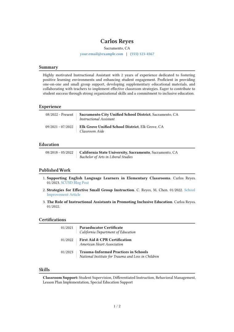 Instructional Assistant Resume Example CV template preview
