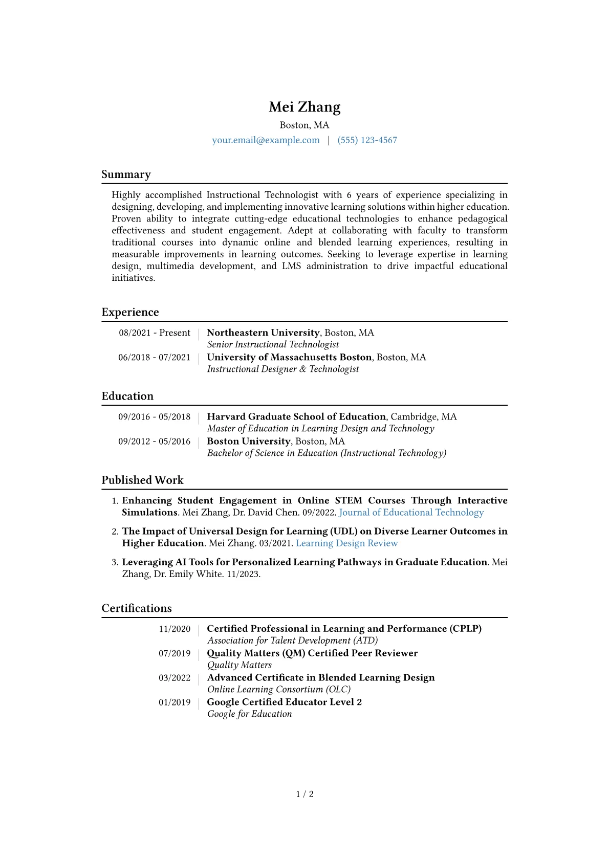 Instructional Technologist Resume Example CV template - Page 1