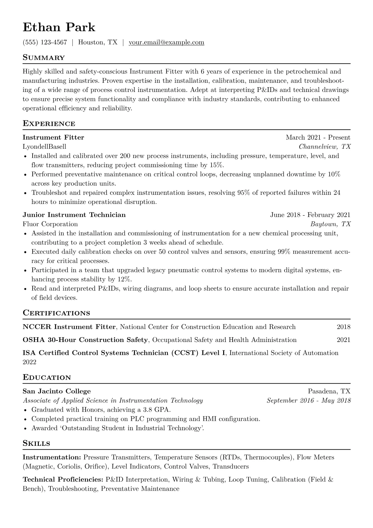 Instrument Fitter Resume Example CV template - Page 1