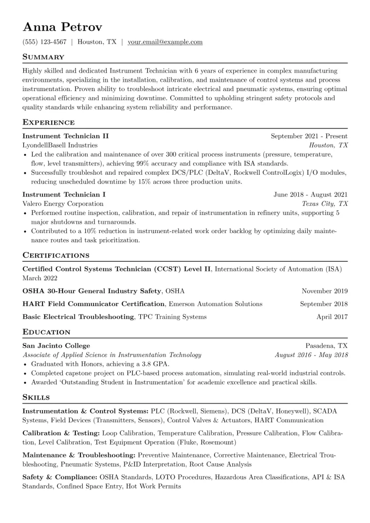 Instrument Technician Resume Example