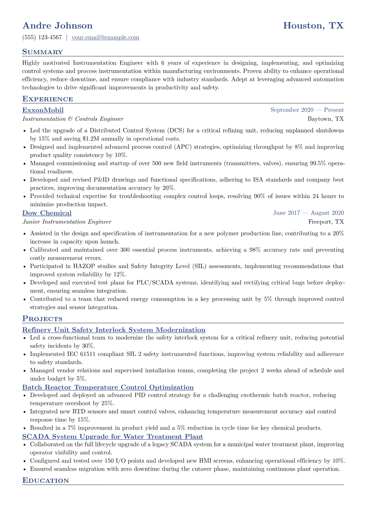 Instrumentation Engineer Resume Example CV template - Page 1