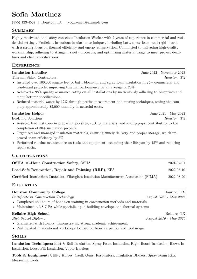 Insulation Worker Resume Example CV template preview