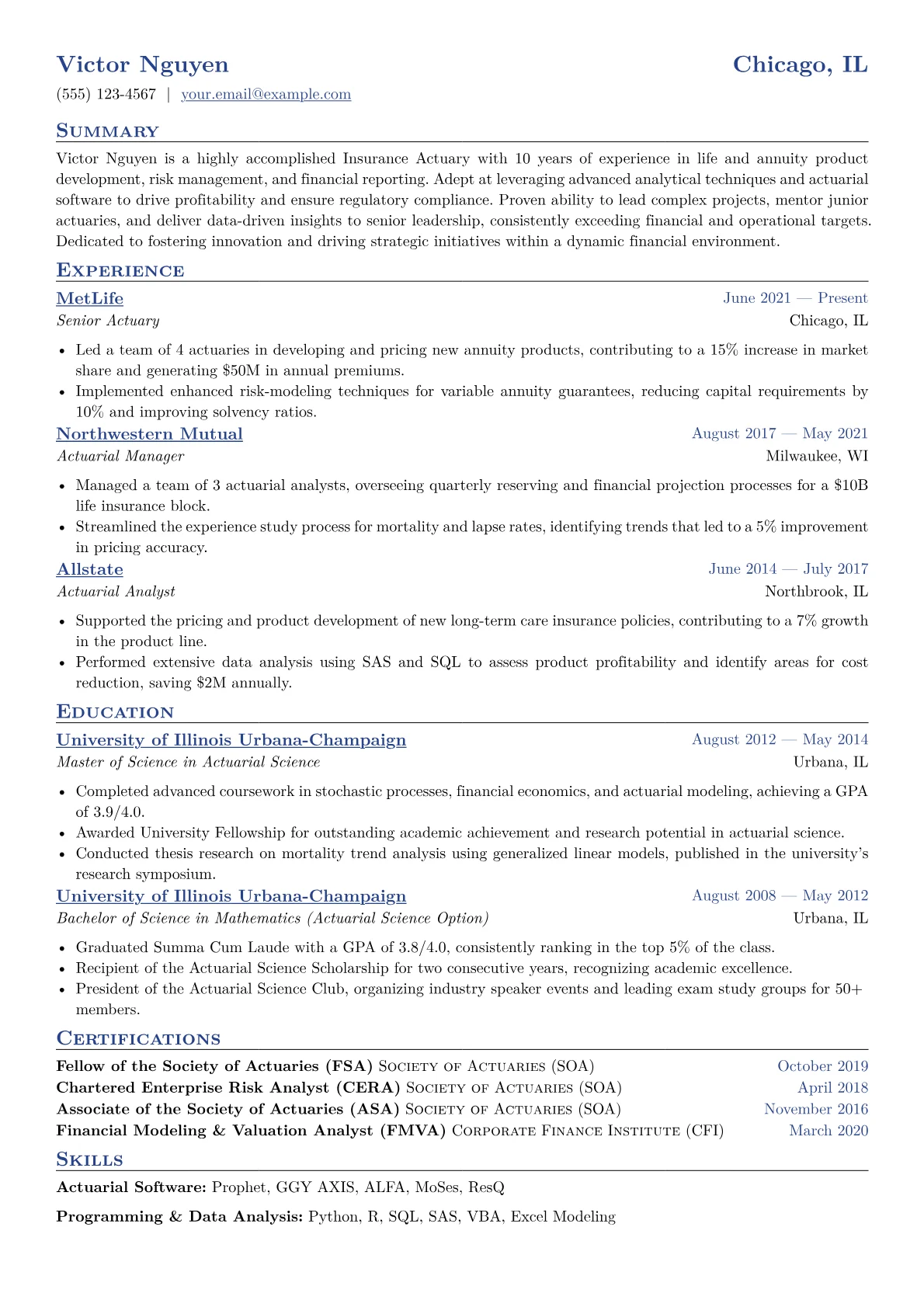 Insurance Actuary Resume Example CV template - Page 1