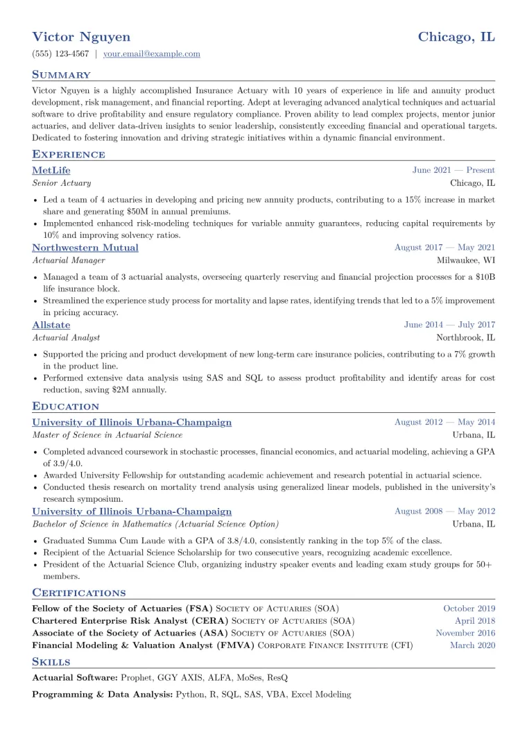Insurance Actuary Resume Example CV template preview