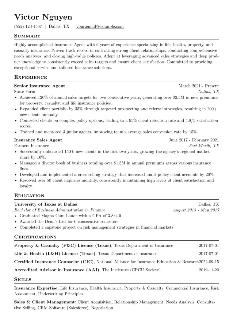 Insurance Agent Resume Example CV template preview