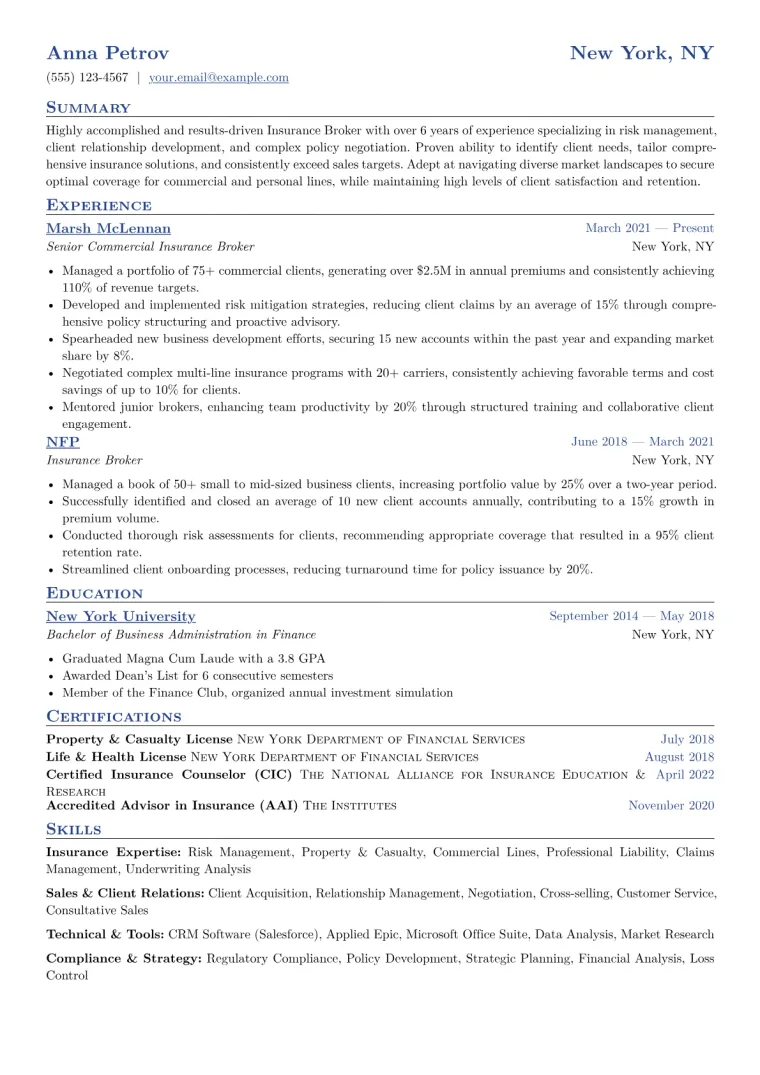 Insurance Broker Resume Example CV template preview