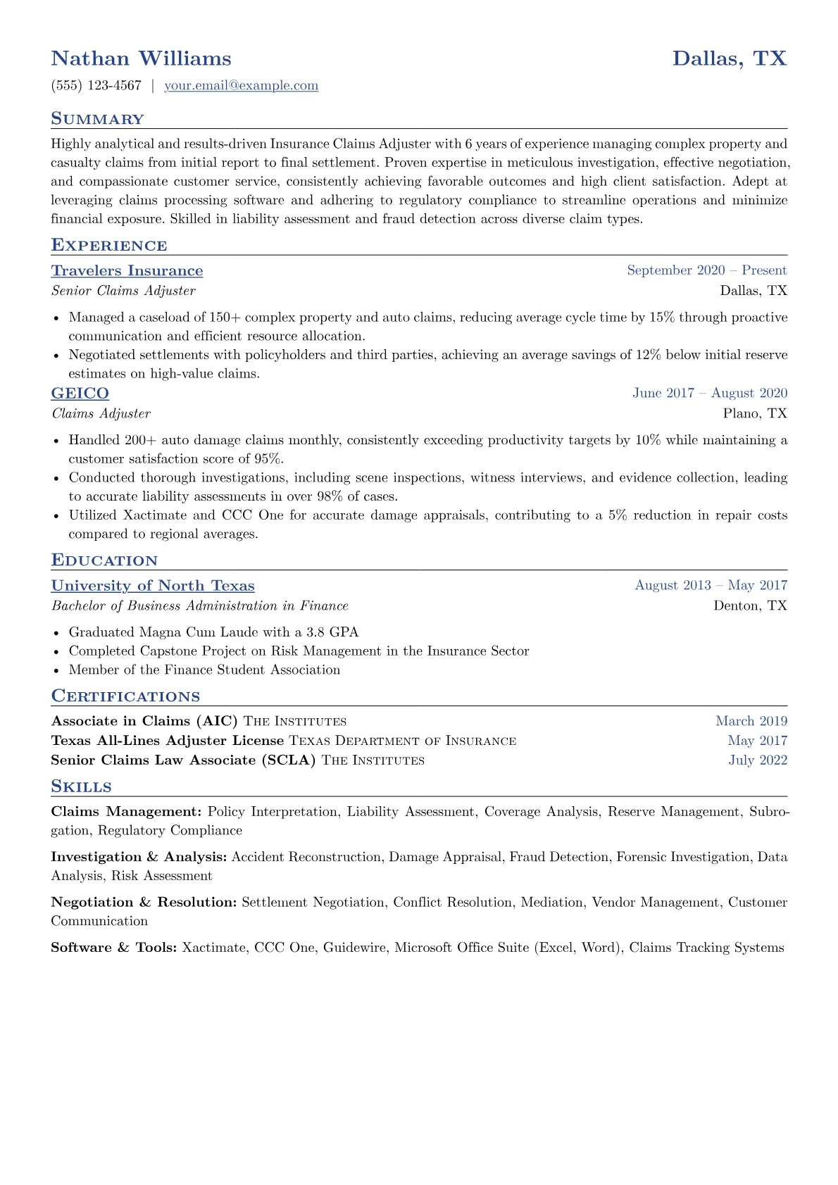 Insurance Claims Adjuster Resume Example CV template - Page 1