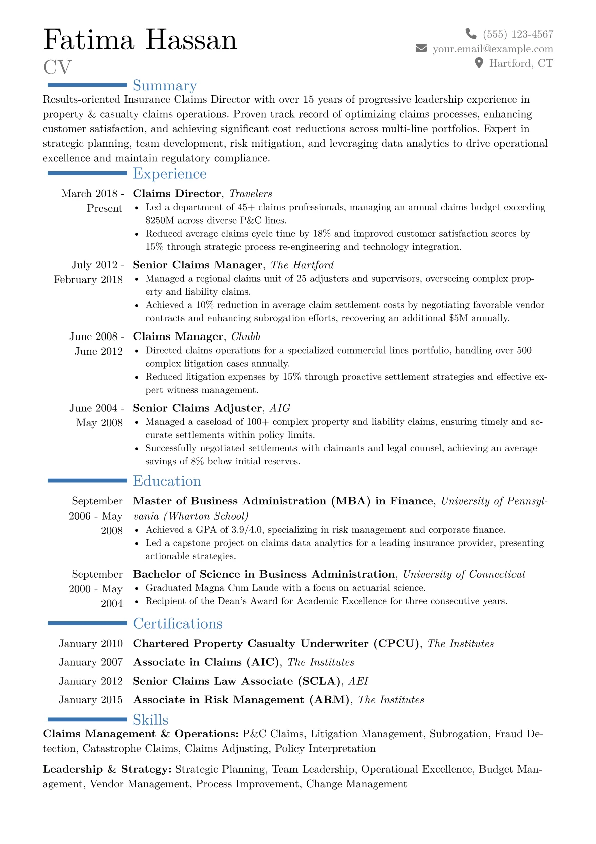 Insurance Claims Director Resume Example CV template - Page 1