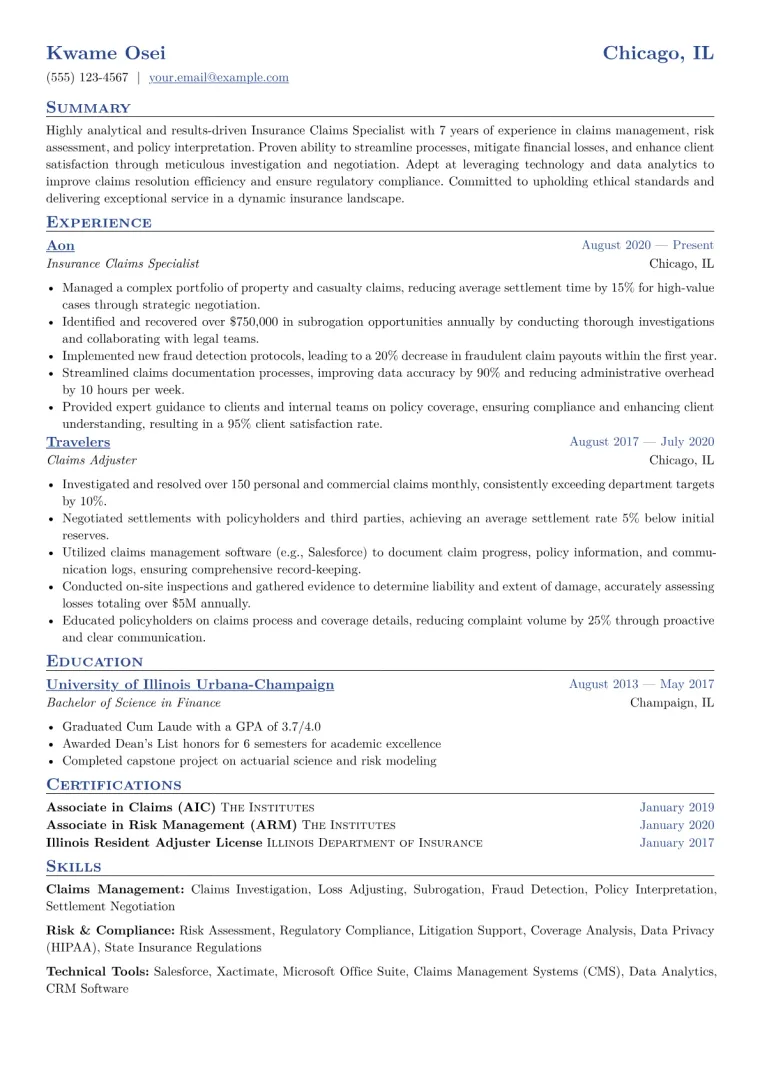 Insurance Claims Specialist Resume Example CV template preview