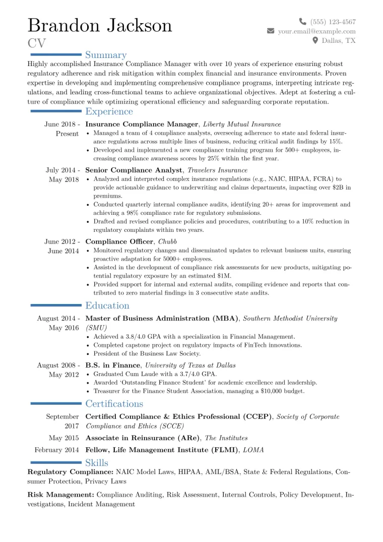 Insurance Compliance Manager Resume Example CV template preview