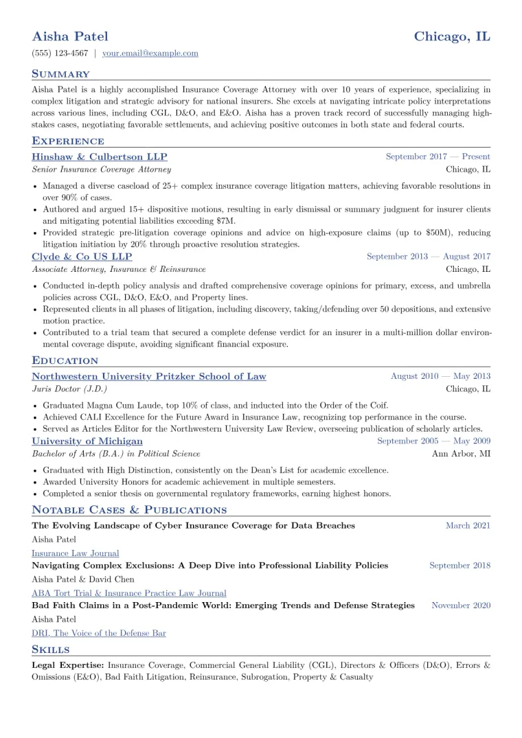 Insurance Coverage Attorney Resume Example CV template preview