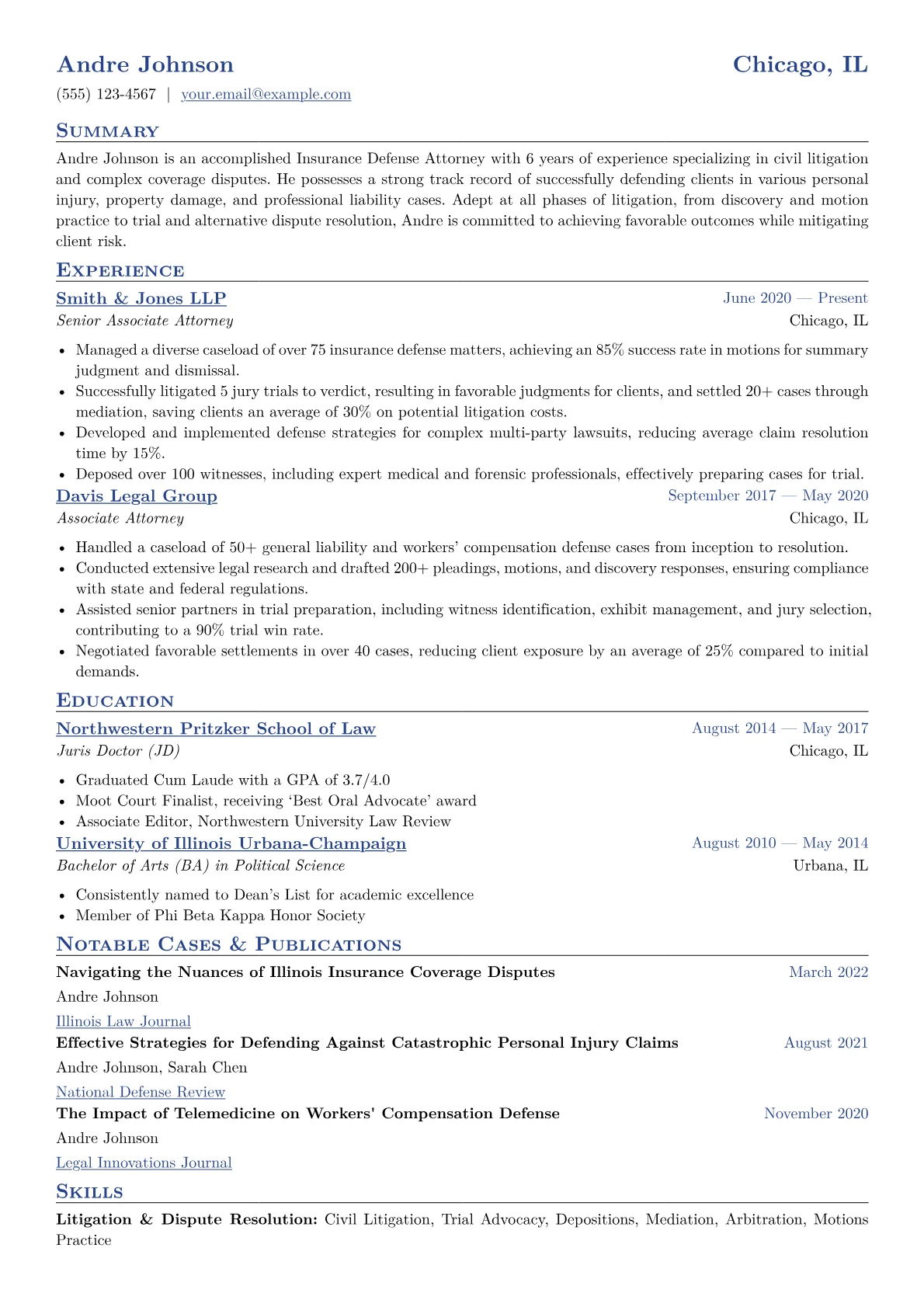 Insurance Defense Attorney Resume Example CV template - Page 1