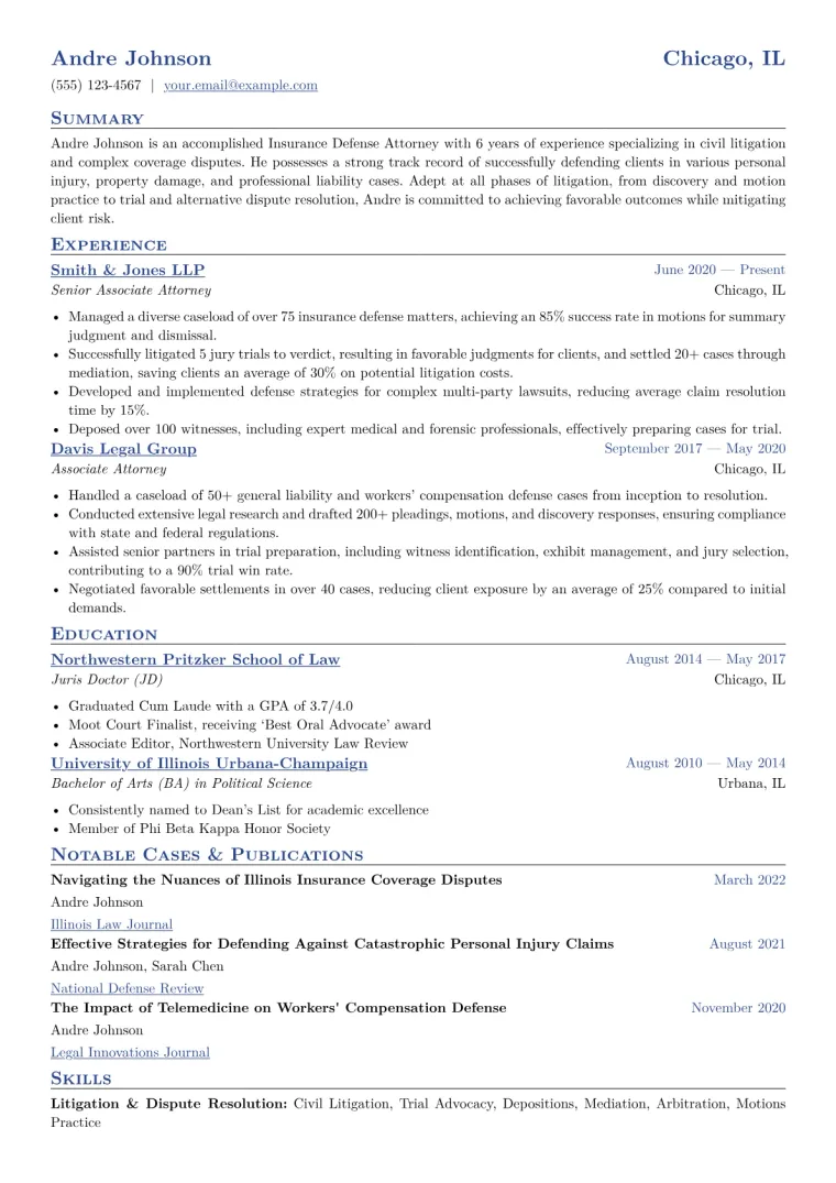 Insurance Defense Attorney Resume Example CV template preview