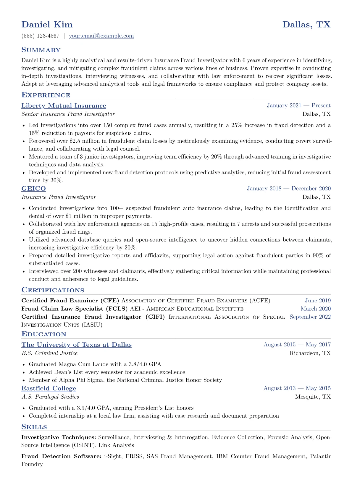 Insurance Fraud Investigator Resume Example CV template - Page 1