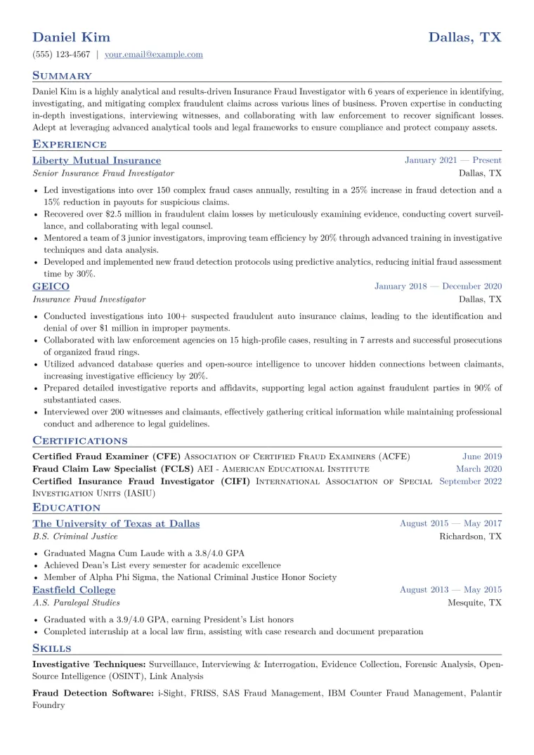 Insurance Fraud Investigator Resume Example CV template preview