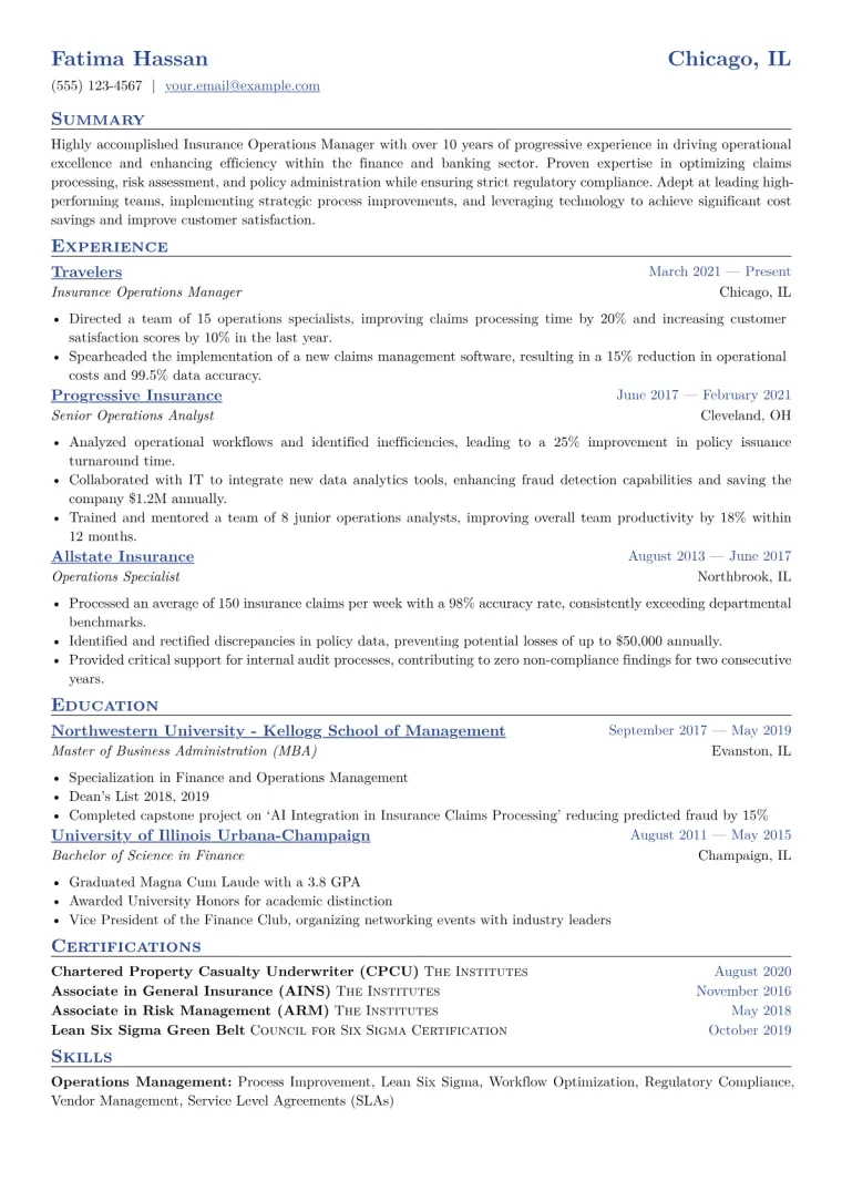 Insurance Operations Manager Resume Example CV template preview
