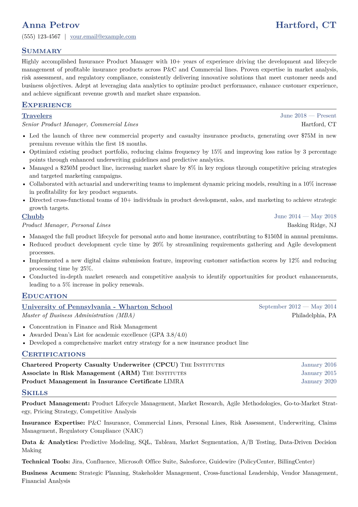 Insurance Product Manager Resume Example CV template - Page 1
