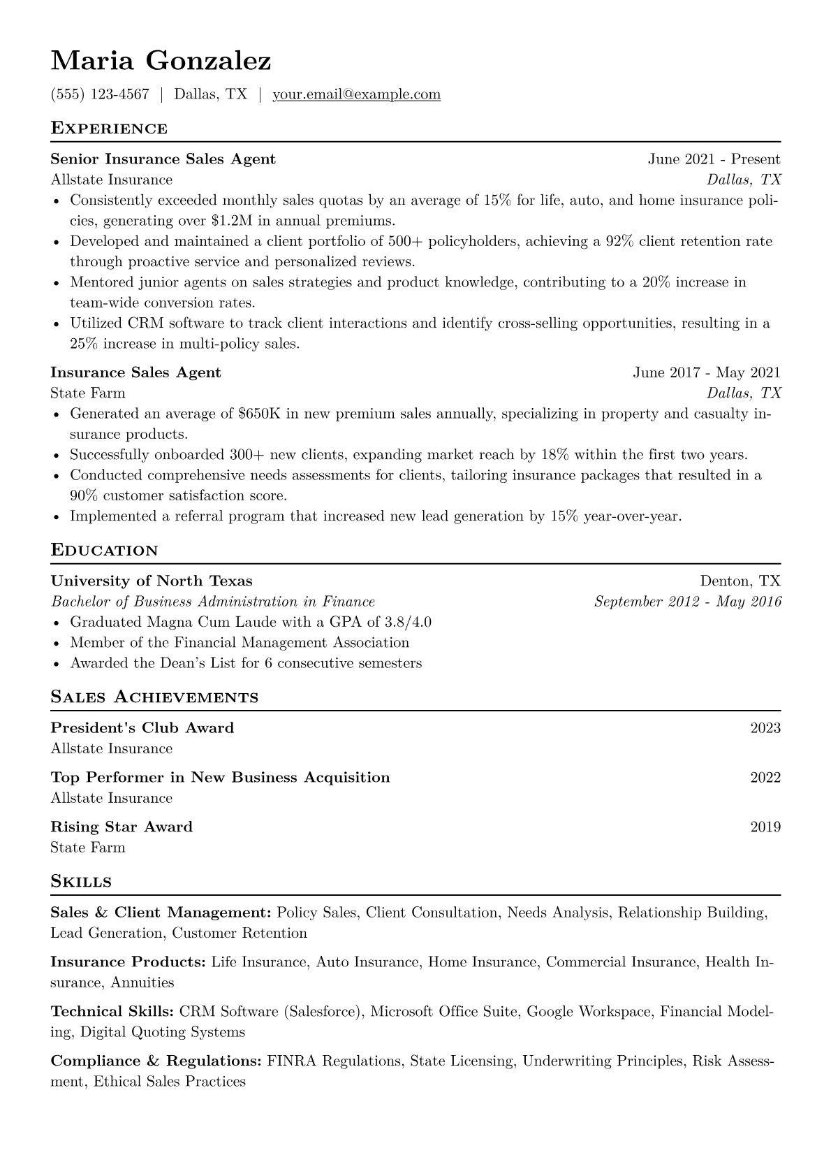 Insurance Sales Agent Resume Example CV template - Page 1