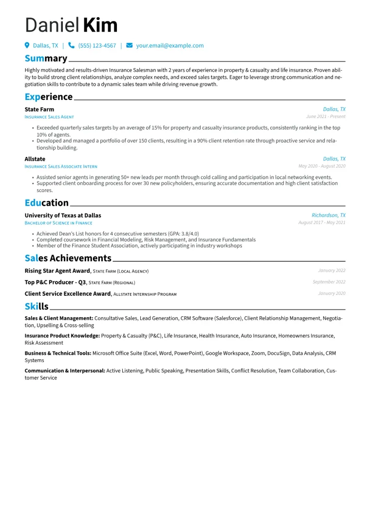 Insurance Salesman Resume Example CV template preview