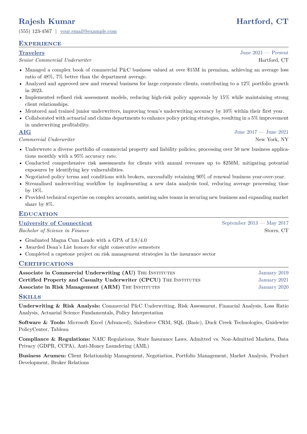 Insurance Underwriter Resume Example CV template - Page 1