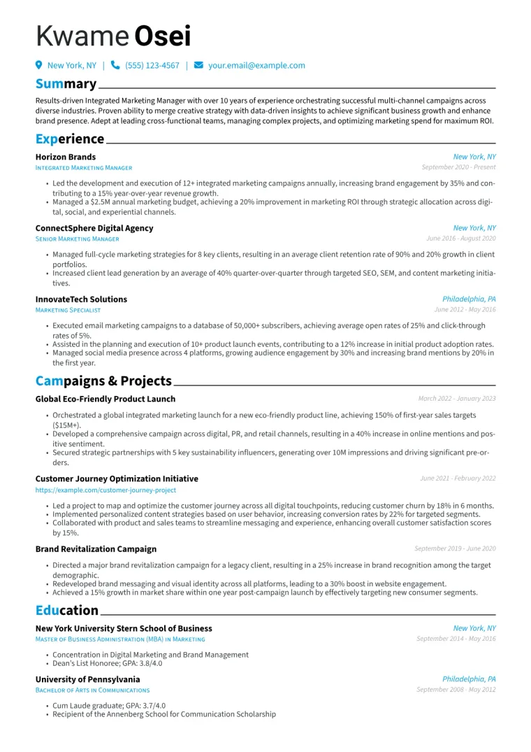 Integrated Marketing Manager Resume Example CV template preview
