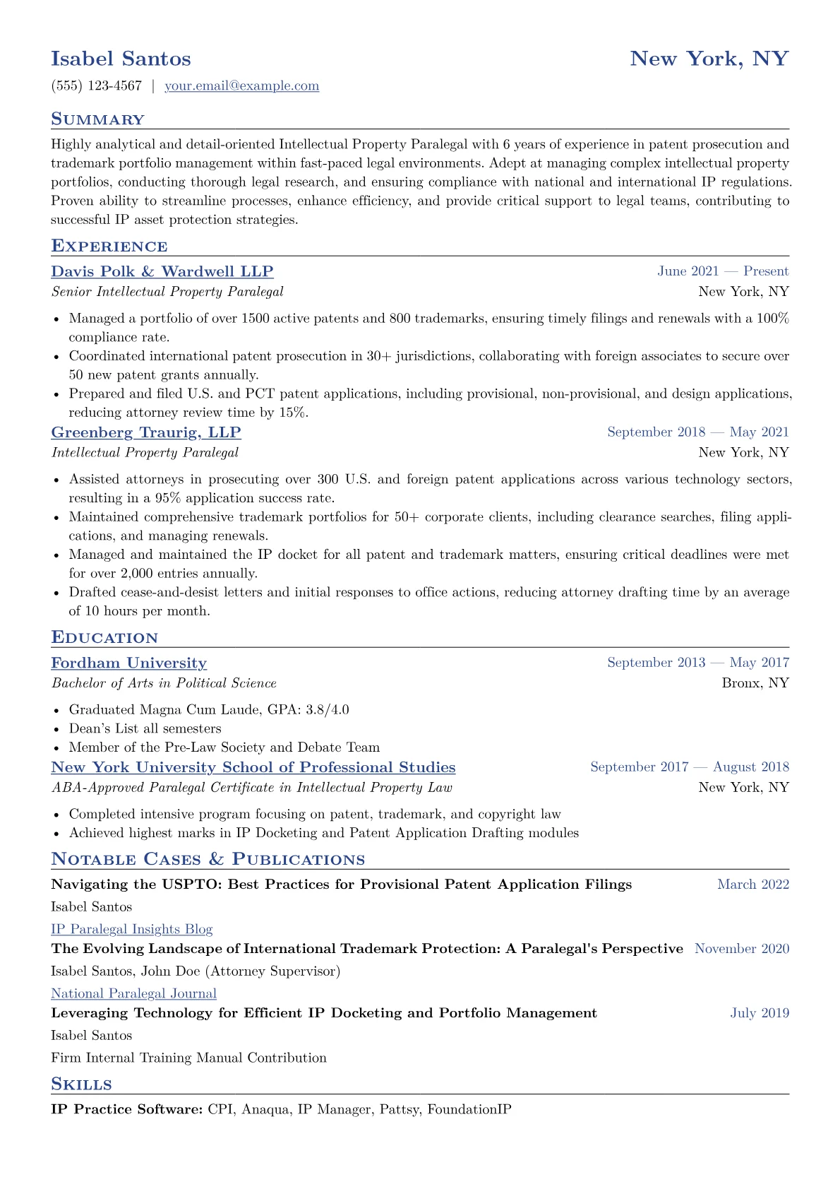 Intellectual Property Paralegal Resume Example CV template - Page 1