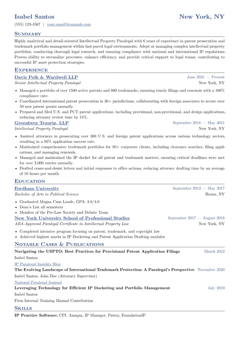Intellectual Property Paralegal Resume Example CV template preview