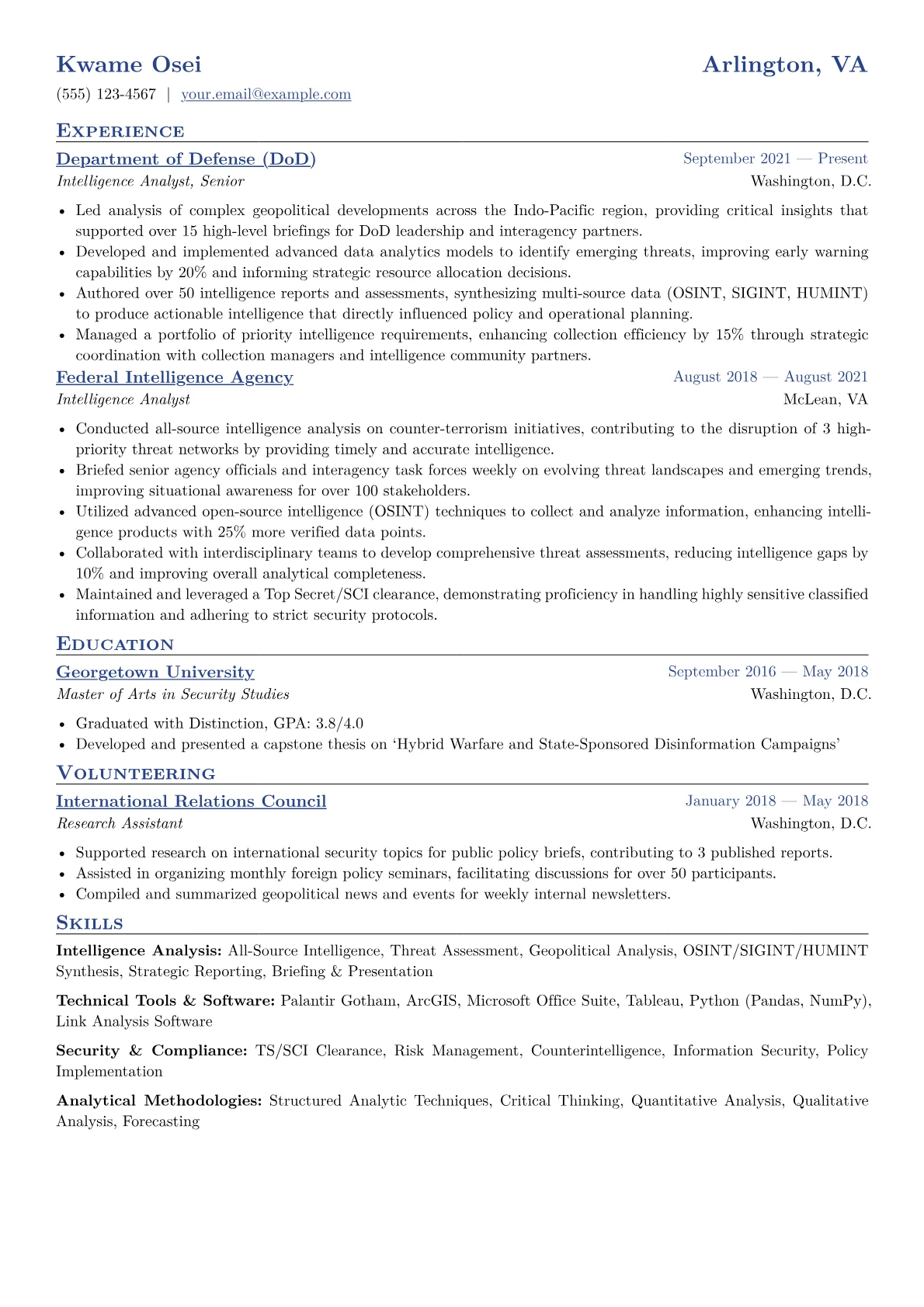 Intelligence Analyst Resume Example CV template - Page 1