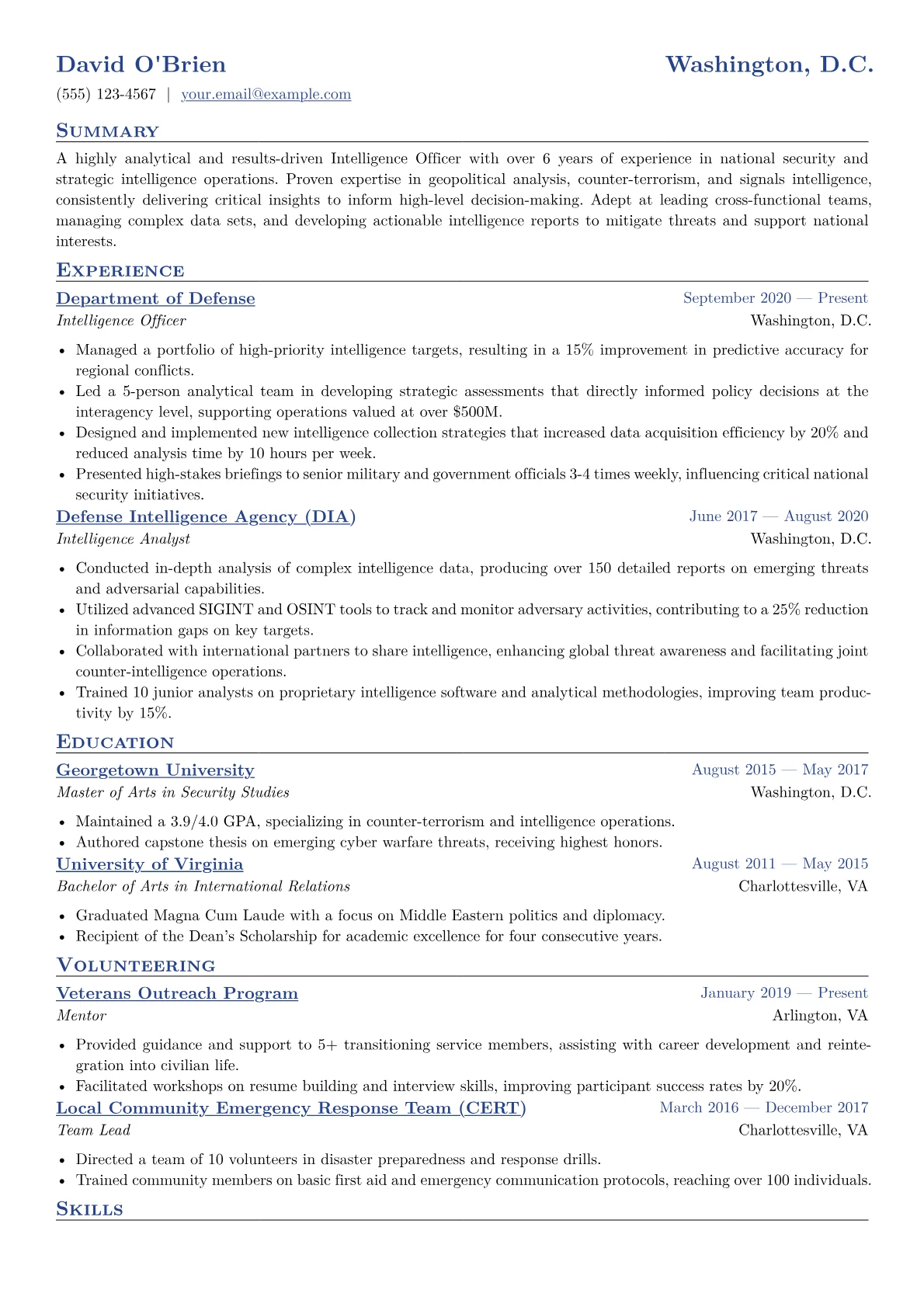 Intelligence Officer Resume Example CV template - Page 1