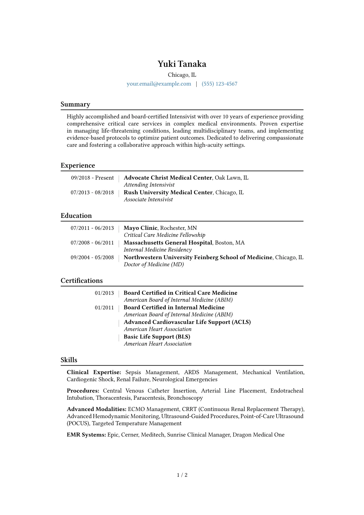 Intensivist Resume Example CV template - Page 1