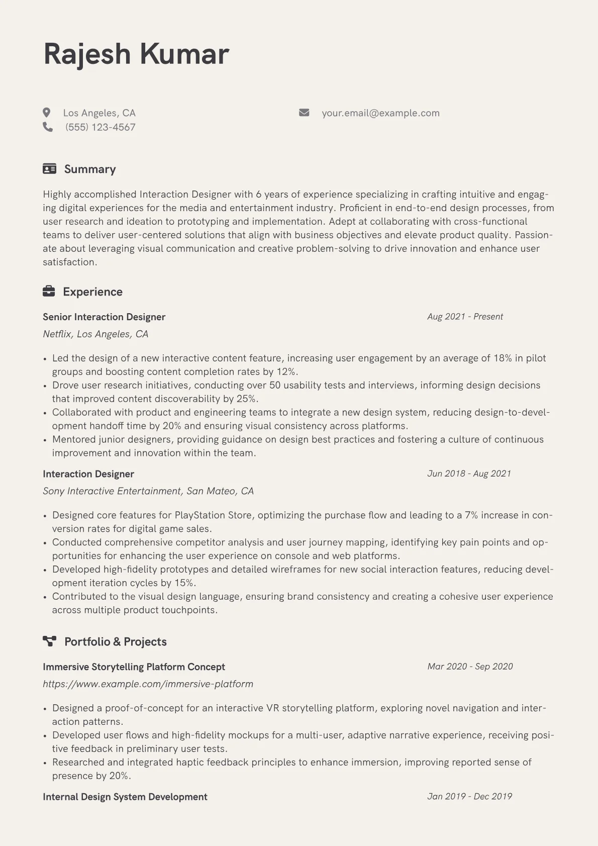 Interaction Designer Resume Example CV template - Page 1