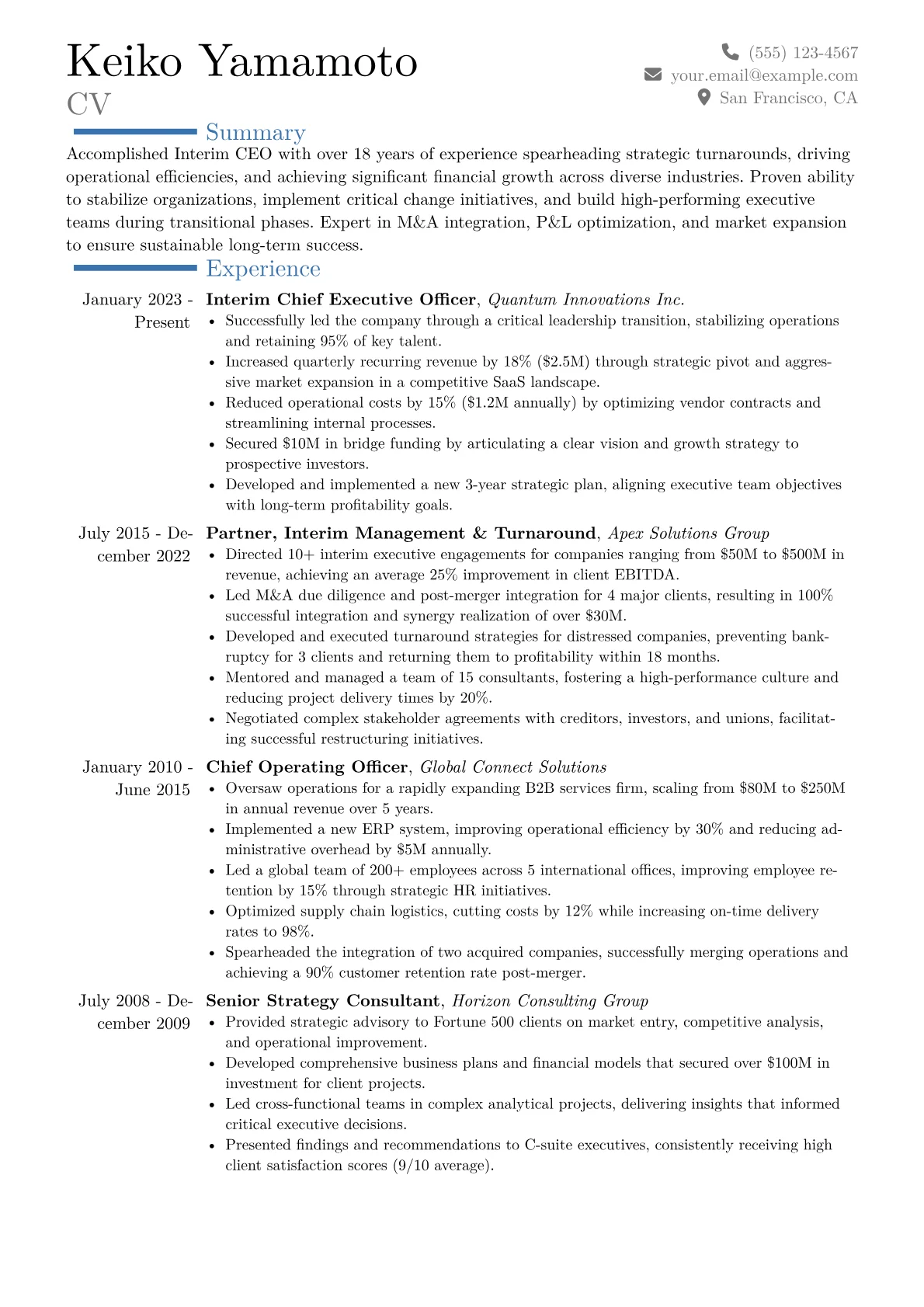 Interim CEO Resume Example CV template - Page 1