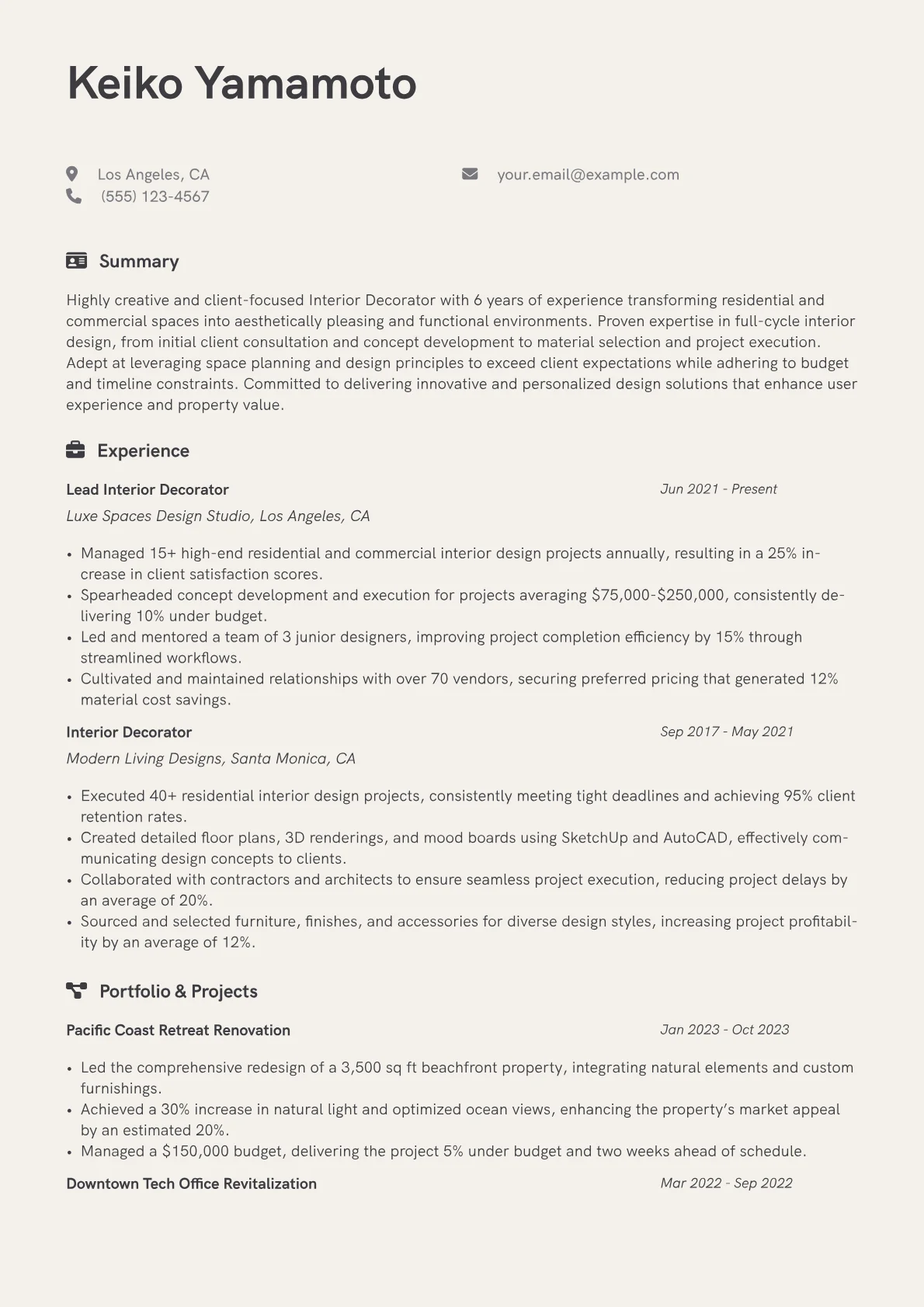 Interior Decorator Resume Example CV template - Page 1