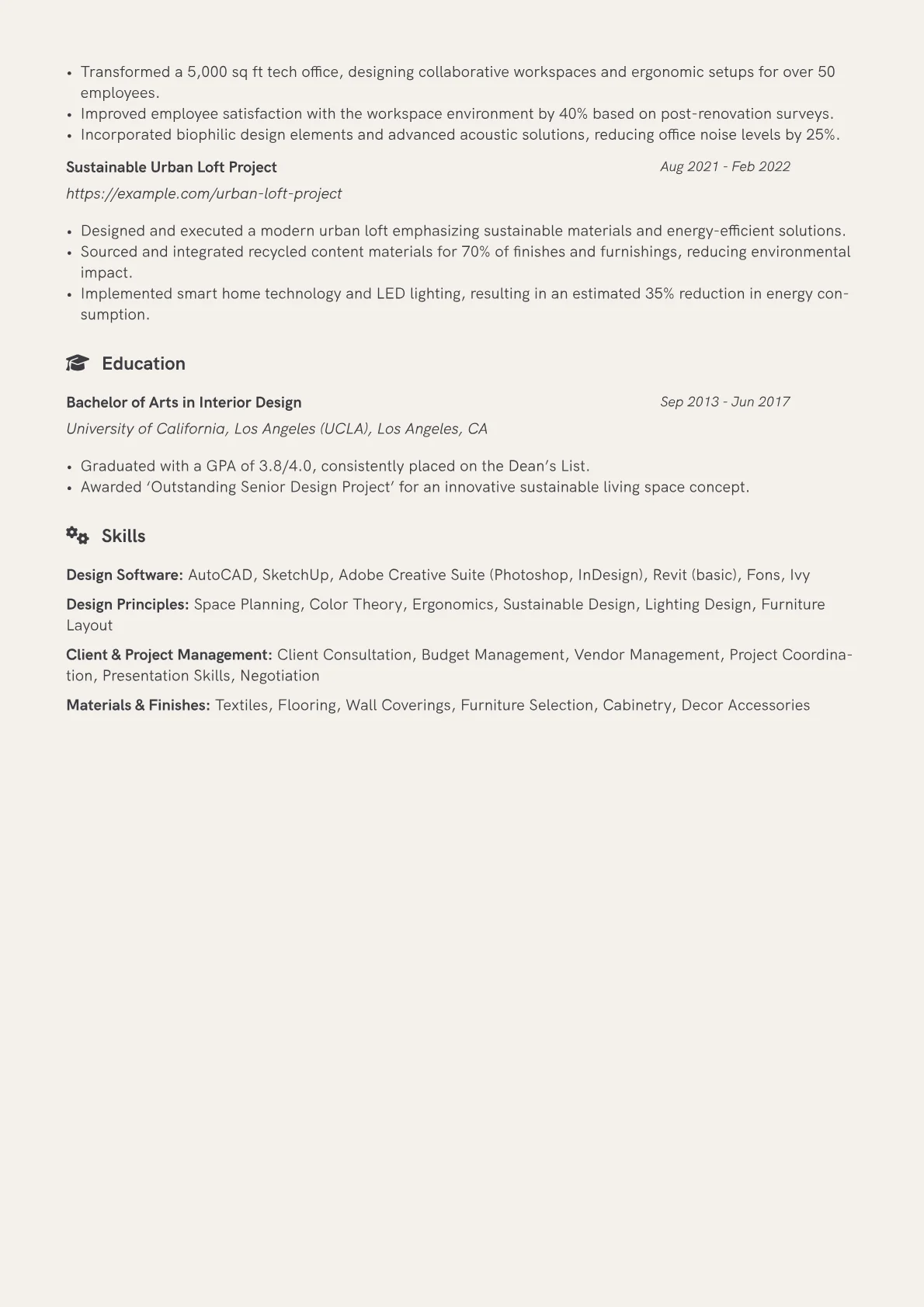 Interior Decorator Resume Example CV template - Page 2