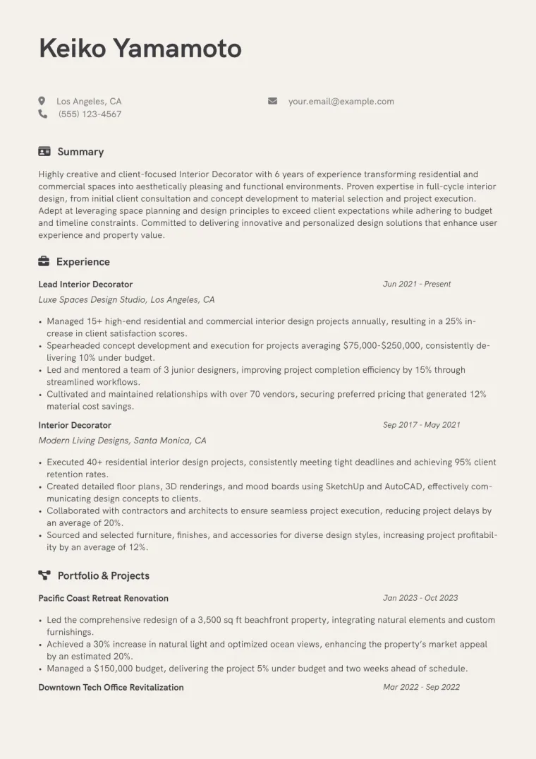 Interior Decorator Resume Example CV template preview