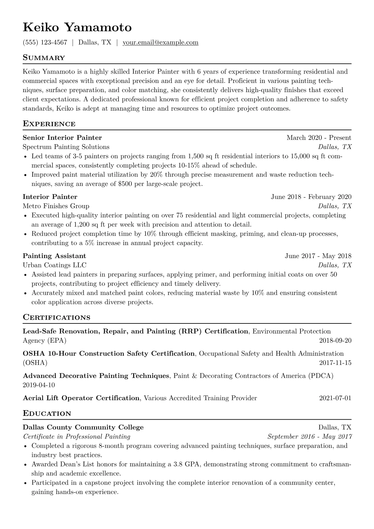 Interior Painter Resume Example CV template - Page 1