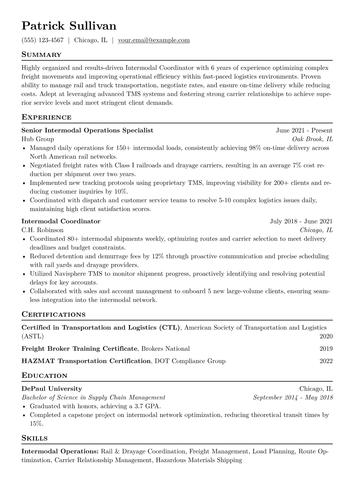 Intermodal Coordinator Resume Example CV template - Page 1