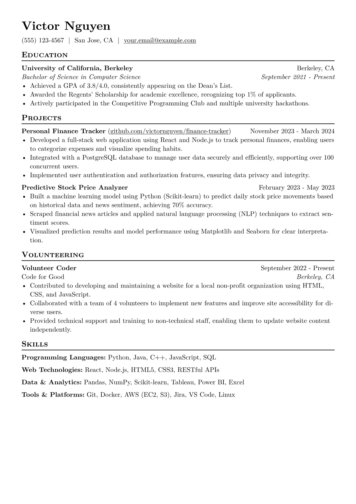 Intern Resume Example CV template - Page 1