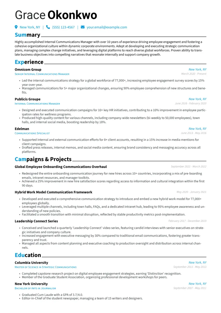 Internal Communications Manager Resume Example CV template preview