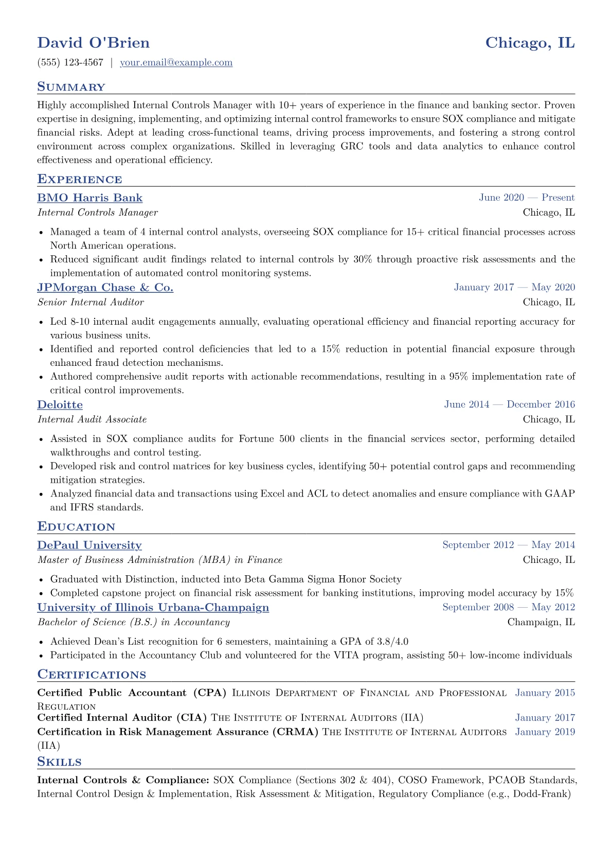 Internal Controls Manager Resume Example CV template - Page 1