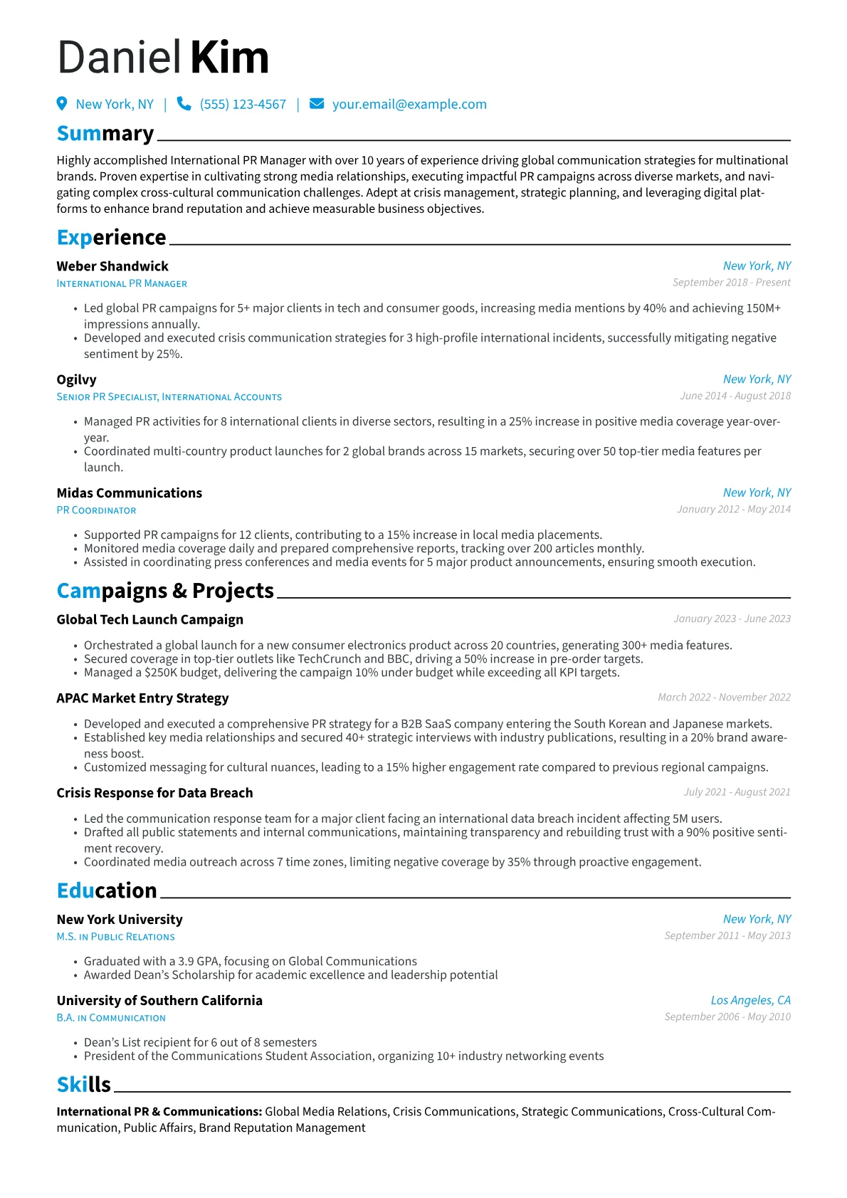 International PR Manager Resume Example CV template - Page 1