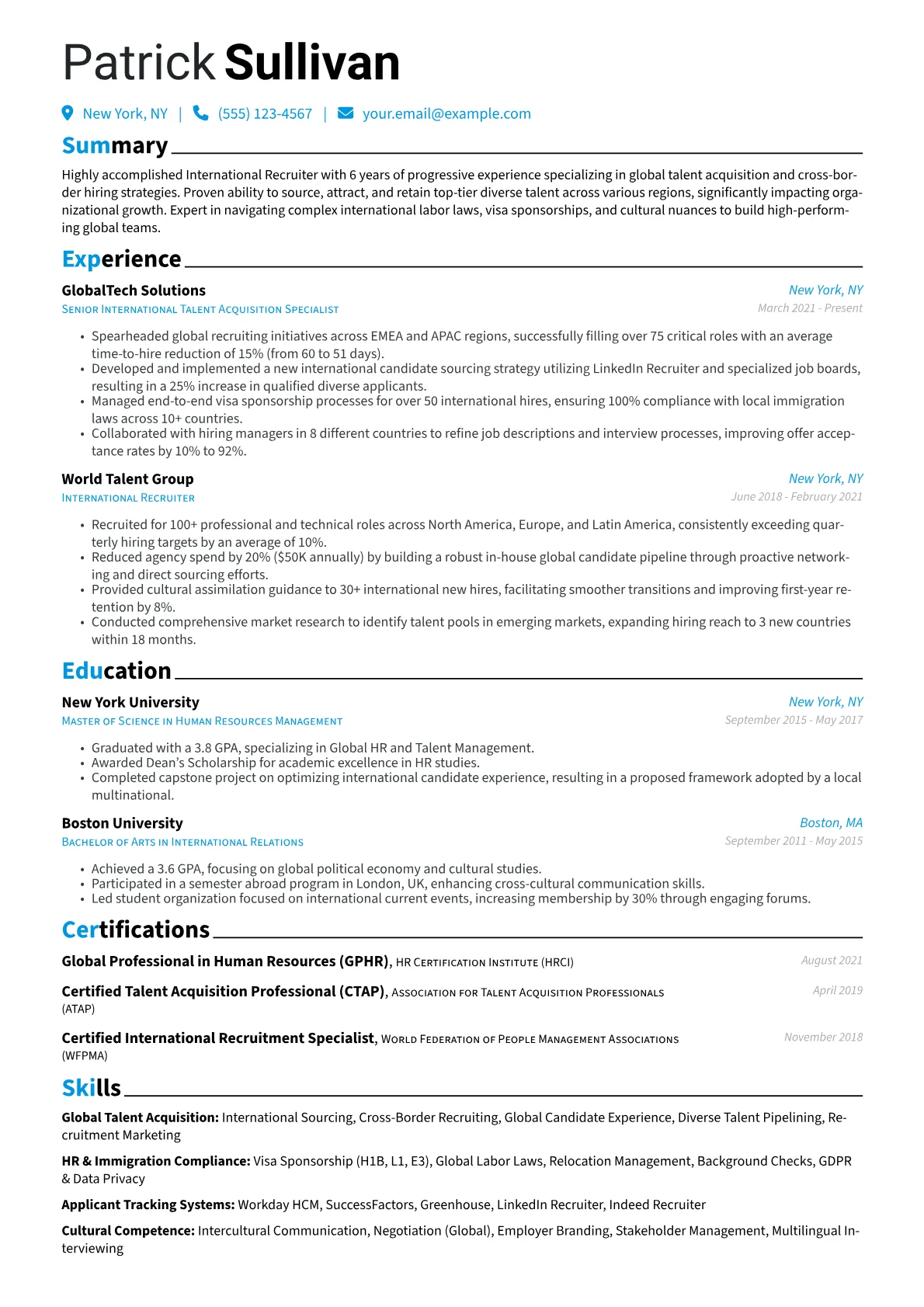 International Recruiter Resume Example CV template - Page 1