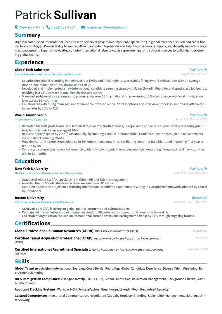 International Recruiter Resume Example CV template preview