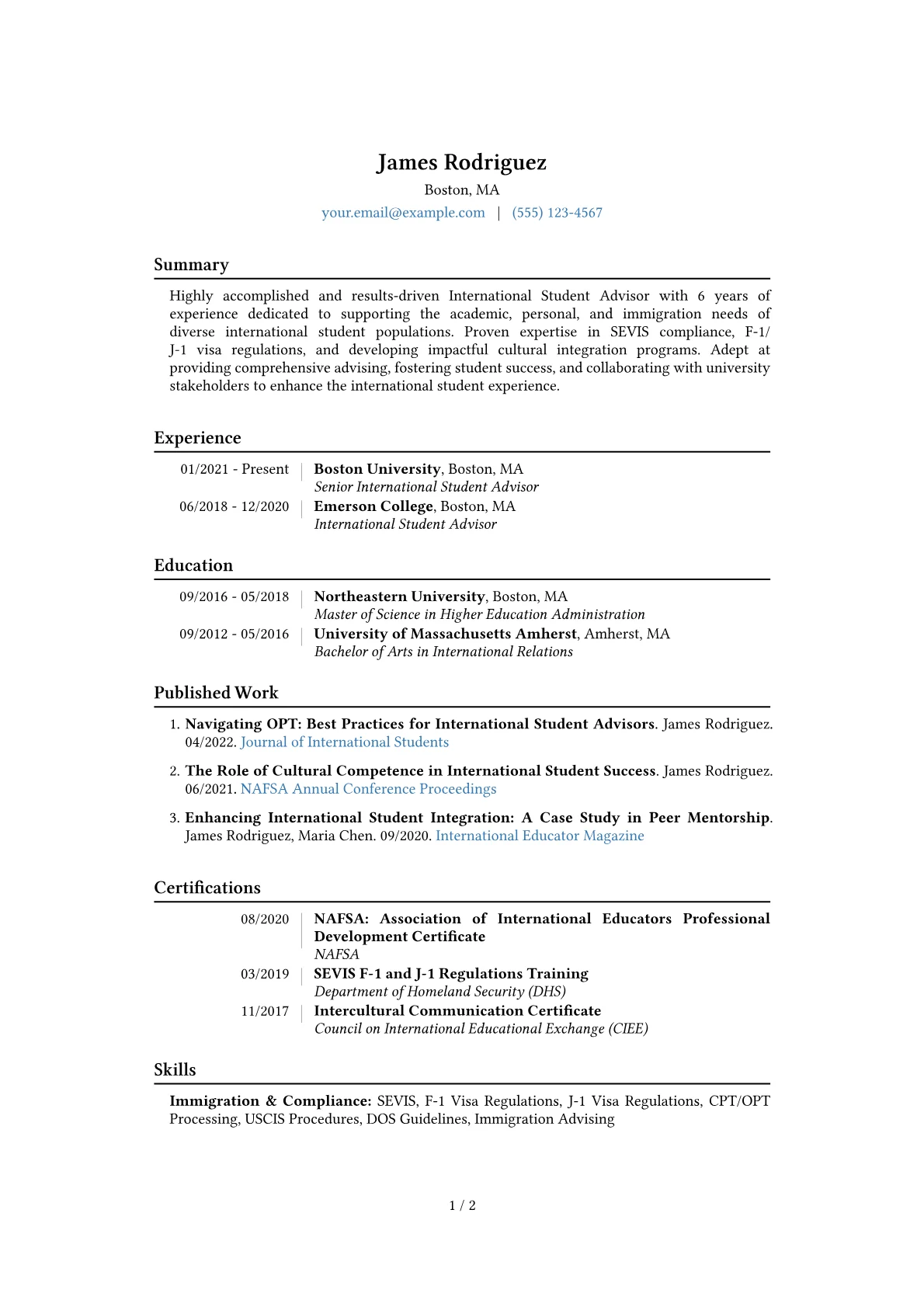 International Student Advisor Resume Example CV template - Page 1
