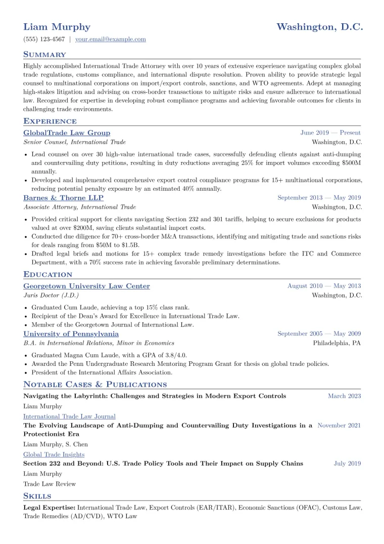 International Trade Attorney Resume Example CV template preview