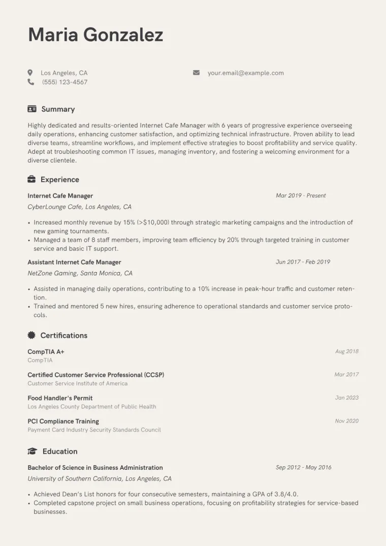 Internet Cafe Manager Resume Example CV template preview
