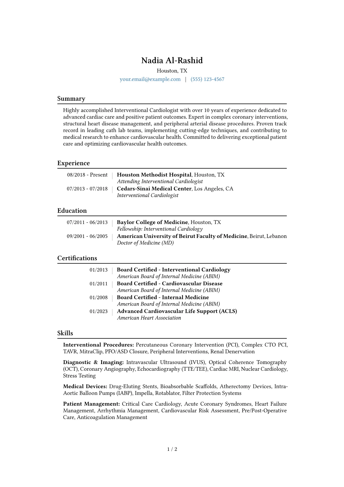 Interventional Cardiologist Resume Example CV template - Page 1