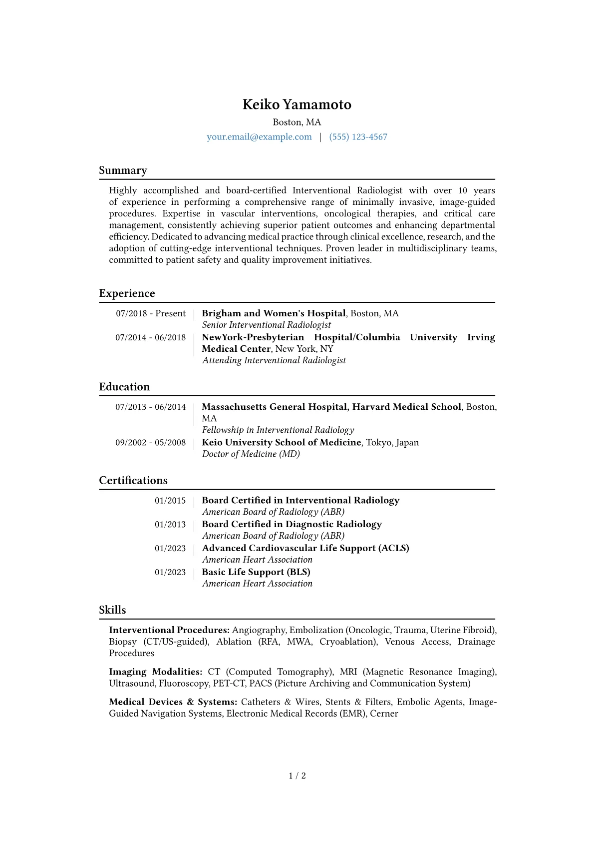 Interventional Radiologist Resume Example CV template - Page 1