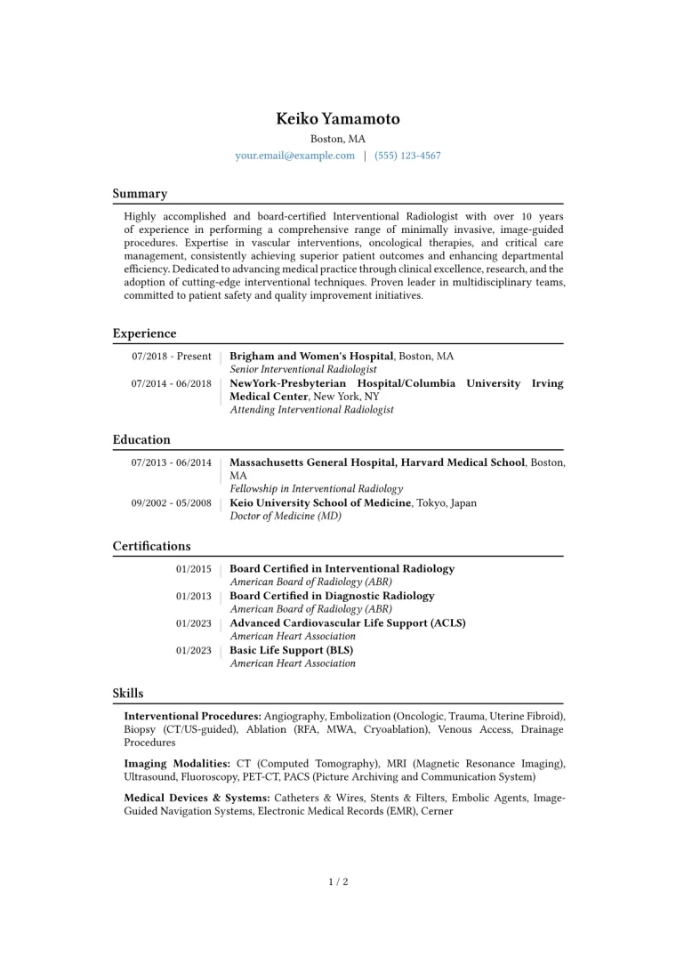 Interventional Radiologist Resume Example CV template preview